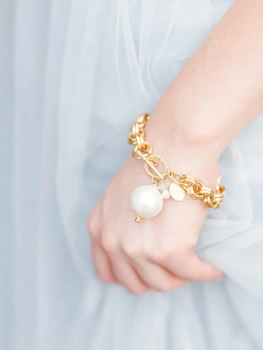 Gold Rope Link Charm Bracelet with White Bead